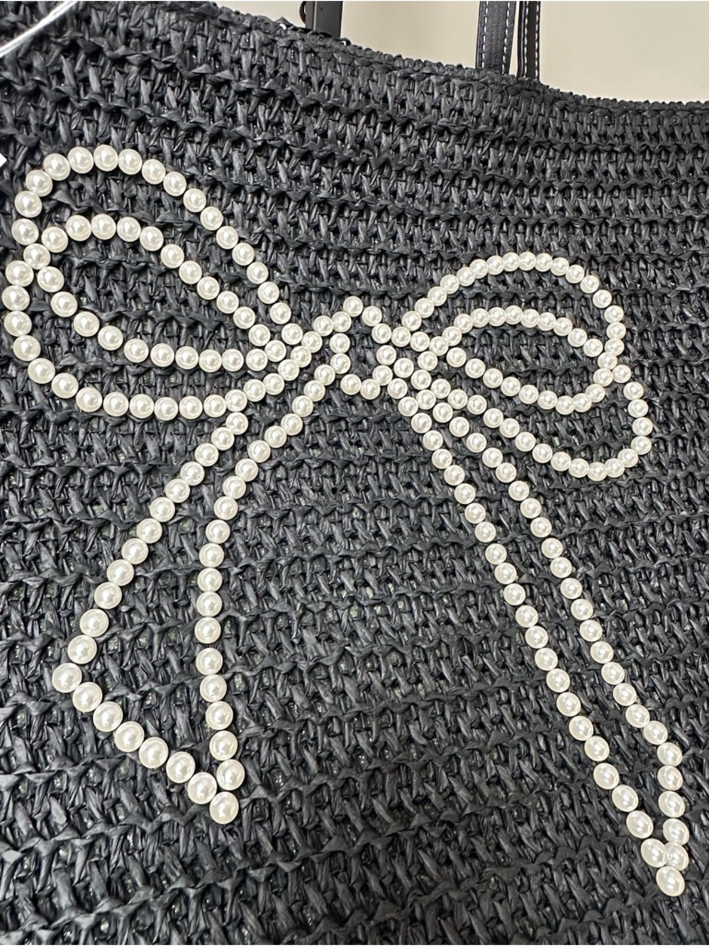 Black Woven Tote Bag with Pearl Bow Accent - Picture 3 of 6